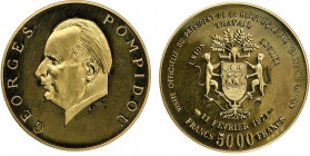 Gabon
5000 Francs, 1971, Georges Pompidou, AU 17.5 g. 900 ‰
Ref : Fr. 10
Conservation : PCGS PROOF 69 DEEP CAMEO