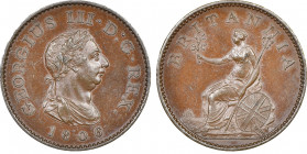 George III 1760-1820, Hanover
1/4 Penny, Farthing, Cu
Ref : S. 3780
Conservation : NGC PROOF 62 BN. Rare