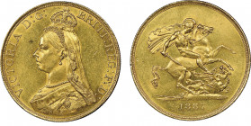 Victoria 1837-1901
5 Pounds, 1887, AU 39.94 g. Ref : S. 3864, Fr. 390
Conservation : NGC MS 61