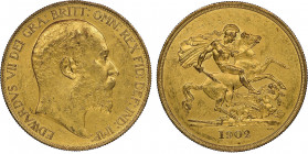 Edward VII 1901-1910
5 Pounds, 1902, AU 39.94 g.
Ref : Spink 3965, Fr. 398, KM#807
Conservation : NGC PROOF 58 MATTE