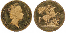 Elizabeth 1952 -
5 Pounds, 1994, AU 39,94 g. 917‰
Ref: Fr. 419
Conservation: NGC PROOF 67 DEEP CAMEO