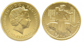 Elizabeth II 1952 -
50 Pounds Proof "Britannia", 2001, AU 17 g. 917‰
Quantité : 1000 ex. 
Conservation : PCGS PROOF 70 DEEP CAMEO