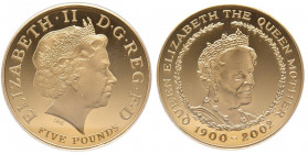Elizabeth II 1952 -
5 Pounds Proof "Queen Mother", 2002, AU 39.94 g. 917‰
Quantité : 2086 ex. / Certificate 1226
Conservation : PCGS PROOF 69 DEEP CAM...