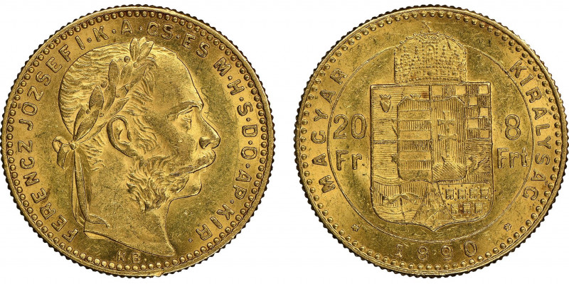 Franz Joseph I 1848-1916
8 Florins / 20 Francs 1890 KB, AU 6.45 g.
Ref : Fr. 244...