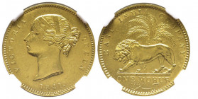 British India
Victoria 1837-1901
Mohur, Calcutta, 1841. C, AU 11.65 g.
Ref : Fr. 1595a, KM#462.3, S&W-3.7 TYPE A/1, Prid-22
Conservation : NGC AU 58. ...
