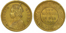 British India
Victoria 1837-1901
Mohur, Calcutta, 1862 C, AU 11.65 g.
Ref : Fr. 1598, KM#480
Conservation : NGC MS 62