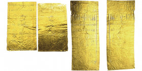 INDOCHINE
2 Plaques d'or rectangulaires unifaces "TT", 1920-1945 AU 7.74 g., 5.93 g. 999%
Avers : OR PUR KIM THANH avec les mentions des villes SAIGON...