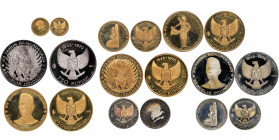 Indonesia
Independence Proof Set, Paris,coffret daté 1970 contenant 10 monnaies de 25.000, 20.000, 10.000, 5000, 2000 Rupiah en or et 1000, 750, 500, ...