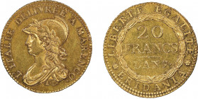 République Subalpine 1800-1802
20 Francs AN 9, 'A Turin, 1800, AU 6.45g. Ref : G. IT 5/1a, Pag.3, Fr.1172 Conservation : NGC AU 58. Superbe. ACCENT DR...