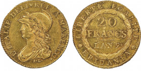 République Subalpine 1800-1802
20 Francs AN 9, A ' Turin, 1800, AU 6.45g.
Ref : G. IT 5/1b, Pag.3, Fr.1172 5
Conservation : NGC AU DETAILS. ACCENT REC...