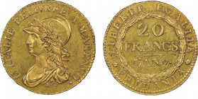 République Subalpine 1800-1802
20 Francs AN 9, A' Turin, 1800, AU 6.45g.
Ref : G. IT 5/1c, Pag.3, Fr.1172
Conservation : NGC MS 60. Superbe. ACCENT DR...