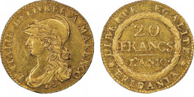 République Subalpine 1800-1802
20 Francs AN 10, 'A Turin, 1800, AU 6.45g.
Ref : G. IT 5/2a, Pag.3, Fr.1172
Conservation : NGC AU 58. Superbe. ACCENT R...