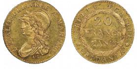 République Subalpine 1800-1802
20 Francs AN 10, A' Turin, 1800, AU 6.45g.
Ref : G. IT 5/2b, Pag.3, Fr.1172
Conservation : NGC AU 58+. Bel exemplaire a...