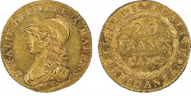 République Subalpine 1800-1802
20 Francs AN 10, A' Turin, 1800, AU 6.45g.
Ref : G. IT 5/2b, Pag.3, Fr.1172, C#5
Conservation : NGC MS 61. Bel exemplai...