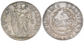 République Subalpine 1800-1802
5 francs, Turin, AN 10, AG 25 g. Ref : G. IT 4, Dav. 197, KM#C4 Conservation : PCGS AU 58