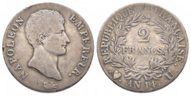 Département de l'Éridan 1802-1814
2 Francs, Turin, AN 14 U (1805), AG 9.82 g.
Ref : G. 495
Conservation : presque TTB
Quantité : 10.267 exemplaires. T...