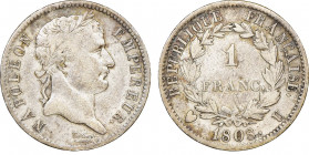 Département de l'Éridan 1802-1814
1 Franc, Turin, 1808 U, AG 10 g.
Ref : G. 446
Conservation : TTB+. Très Rare
Quantité : 13439 exemplaires.