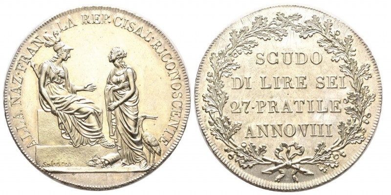 République Cisalpine 1800-1802
Scudo da 6 lire, Milan, Anno VIII (1800), AG 23.1...