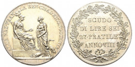 République Cisalpine 1800-1802
Scudo da 6 lire, Milan, Anno VIII (1800), AG 23.13 g.
Ref : MIR 478, Pag. 8
Conservation : traces de nettoyage sinon FD...