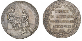 République Cisalpine 1800-1802
Scudo da 6 lire, Milan, Anno VIII (1800), AG 23.13 g.
Ref : MIR 478, Pag. 8
Conservation : NGC MS64