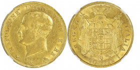 Royaume d'Italie 1805-1814
40 Lire, Milan, 1814 M, (1 sur 0), AU 12.89 g.
Ref : G. IT 31, Fr. 4
Conservation : NGC AU 58. Rare
