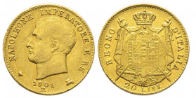 Royaume d'Italie 1805-1814
20 Lire, Milan, 1808 M, I type, AU 6.44 g. Ref : G. IT 29, Pag. -, Fr. -
Conservation : Superbe. Très rare