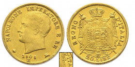 Royaume d'Italie 1805-1814
20 Lire, Milan, 1808 M, II type, 3 étoiles, 8 bas et éloigné, le M ne touche pas la date, AU 6.44 g.
Ref : G. IT 30/2, Pag....