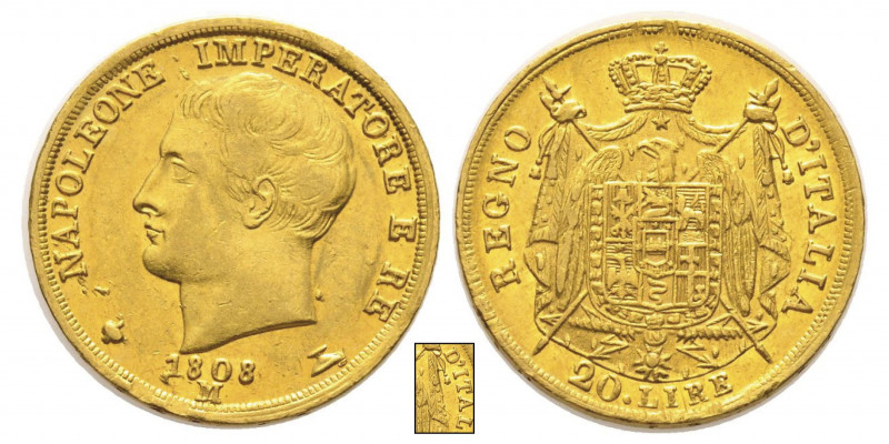 Royaume d'Italie 1805-1814
20 Lire, Milan, 1808 M, II type, 6 étoiles, date norm...