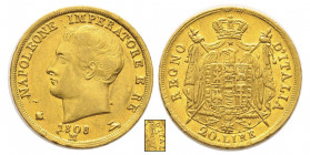 Royaume d'Italie 1805-1814
20 Lire, Milan, 1808 M, II type, 6 étoiles, date normale, le M ne touche pas la date, AU 6.44 g.
Ref : G. IT 30/1, Pag.83, ...