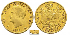Royaume d'Italie 1805-1814
20 Lire, Milan, 1809 M, II type, étoile à 5 pointes, le M touche la date, AU 6.44 g.
Ref : G. IT 30/3, Pag.83, Fr. 7
Conser...