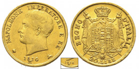 Royaume d'Italie 1805-1814
20 Lire, Milan, 1810 M, II type, étoile à 5 pointes, le M touche la date le le 0 est surélevé, AU 6.43 g.
Ref : G. IT 30/6 ...