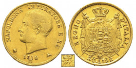Royaume d'Italie 1805-1814
20 Lire, Milan, 1810 M, II type, étoile à 6 pointes, date normale, AU 6.43 g.
Ref : G. IT 30/7, Pag.83, Fr. 7
Conservation ...