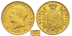 Royaume d'Italie 1805-1814
20 Lire, Milan, 1810 M, II type, étoile à 6 pointes, date large, le M est déplacé à droite, AU 6.43 g.
Ref : G. IT 30/7, Pa...