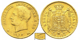 Royaume d'Italie 1805-1814
20 Lire, Milan, 1813 M, II type, pointes triangulaires, 1813/180 date large, le 2ème 1 de la date est surélevé, AU 6.44 g. ...