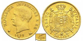 Royaume d'Italie 1805-1814
20 Lire, Milan, 1813 M, II type, pointes triangulaires, 1813/180 date linéaire, AU 6.44 g.
Ref : G. IT 30/23, Pag.83, Fr. 7...