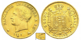 Royaume d'Italie 1805-1814
20 Lire, Milan, 1813 M, II type, pointes effilées,
date linéaire et étroite, le M déplacé à droite touche le 1 AU 6.44 g. R...