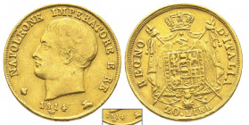 Royaume d'Italie 1805-1814
20 Lire, Milan, 1814 M, II type, pointes effilées, date linéaire, le M est central, AU 6.44 g.
Ref : G. IT 30/24, Pag.83, F...