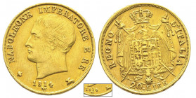 Royaume d'Italie 1805-1814
20 Lire, Milan, 1814 M, II type, pointes effilées, le 4 plus bas et voisin penche à gauche, AU 6.44 g. Ref : G. IT 30/24 va...
