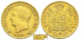 Royaume d'Italie 1805-1814
20 Lire, Milan, 1814 M, II type, pointes triangulaires, M normal et déplacé à droite, 2ème 1 surélevé, AU 6.44 g. Ref : G. ...