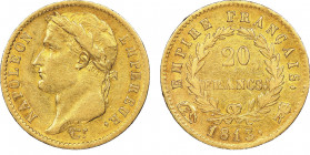 Département du Tibre (ou de Rome) 1808-1814
20 Francs, Rome, 1813, AU 6.45 g.
Ref : G.1025, Pag 93, Fr. 519
Conservation : NGC AU 50. Très Rare.
Quant...