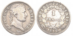 Département du Tibre 1802-1814
1 Franc, Rome, 1812 R, AG 4.88 g.
Ref : G. 447
Conservation : TB Rare