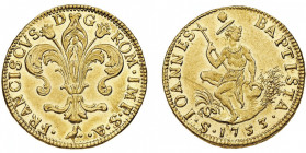 Francesco II di Lorena 1737-1765
Ruspone 1753, AU 10.49 g.
Ref : MIR 359/6 (R), CNI 49, Pucci 38/40, Fr. 331
Conservation : rayure sinon FDC. Rare