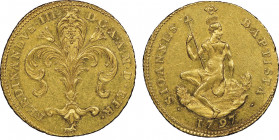 Ferdinando III di Lorena Granduca 1790-1801
Ruspone, 1797, AU 10.44 g.
Ref : MIR 402/7 (R2), CNI 28, Gal. I 6, Pucci 153/6, Fr. 226
Conservation : NGC...