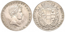 Leopoldo II di Lorena 1824-1859
Mezzo Scudo da 5 Paoli, 1829, AG 13.68 g.
Ref : MIR 450/3(R), CNI 28, Pucci 22, Pag. 124
Conservation : FDC