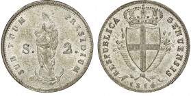 Repubblica Genovese 1814
2 Soldi, 1814, PRESIDIUM, AG
Ref : MIR 394, CNI 6/7
Conservation : NGC MS65. Conservation exceptionnelle.