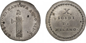 Mantova
Assedio Austro/Russo 1799
Da 10 soldi A VII (1799), Mi 6.09 g.
Ref : MIR 771 (R2), CNI 2
Ex Vente InAsta, 14/05/2011, lot 890 
Conservation : ...