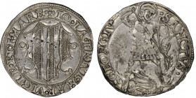 Mesocco
Gian Giacomo Trivulzio 1487-1518
Grosso da 6 Soldi, ND, AG 3.48 g.
Ref : MIR 982, CNI 37/70
Conservation : NGC AU 55. Superbe