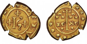 Carlo I 1266-1282
Multiplo di 7 Tari, Messina, AU 5.97 g.
Avers : SERVVS XRI Grande K accantonata da 3 gigli
Revers : Croce astile accantonata da IE X...