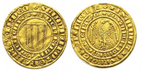 Pietro e Costanza 1282-1285
Pierreale d'oro, Messina, AU 4.35 g.
Ref : MIR 170 (R2), Fr. 654
Conservation : presque TTB. Rare