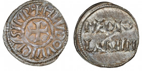 Milano
Ludovico il Pio imperatore e Re d'Italia, 814-840
Denaro, 819-822, AG 1.71 g. 
Avers : + HLVDOVVICVS IMP Croce patente accantonata da quattro g...